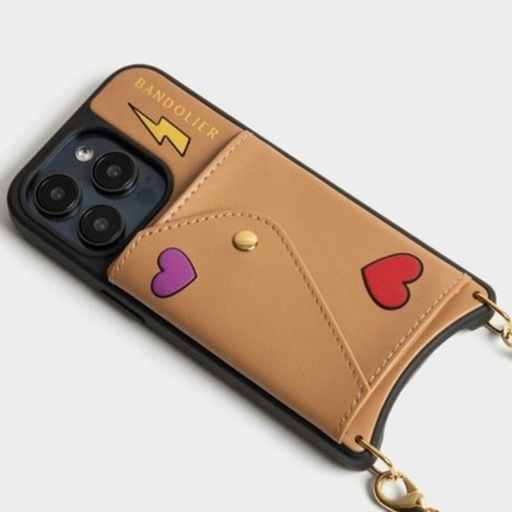 Gia Bolt Side Slot Leather Phone Case ONLY- Electric Heart/Tan/Gold 14 pro max